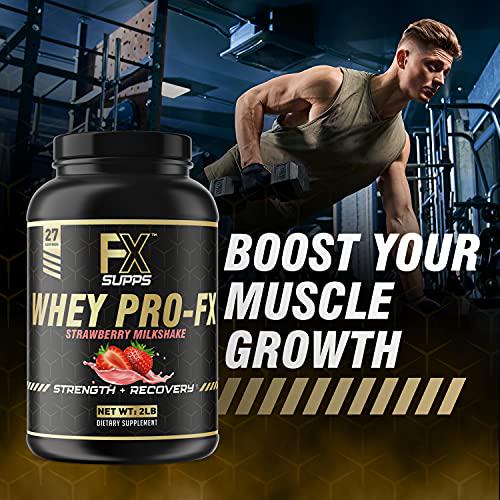 Fx Supps Whey Pro-FX Protein Powder Strawberry Flavored Shake | Post Workout Recovery Supplement for Men and Women | Boosts Strength and Muscle Growth | Great-Tasting Mix with Natural BCAA (2 Pounds)