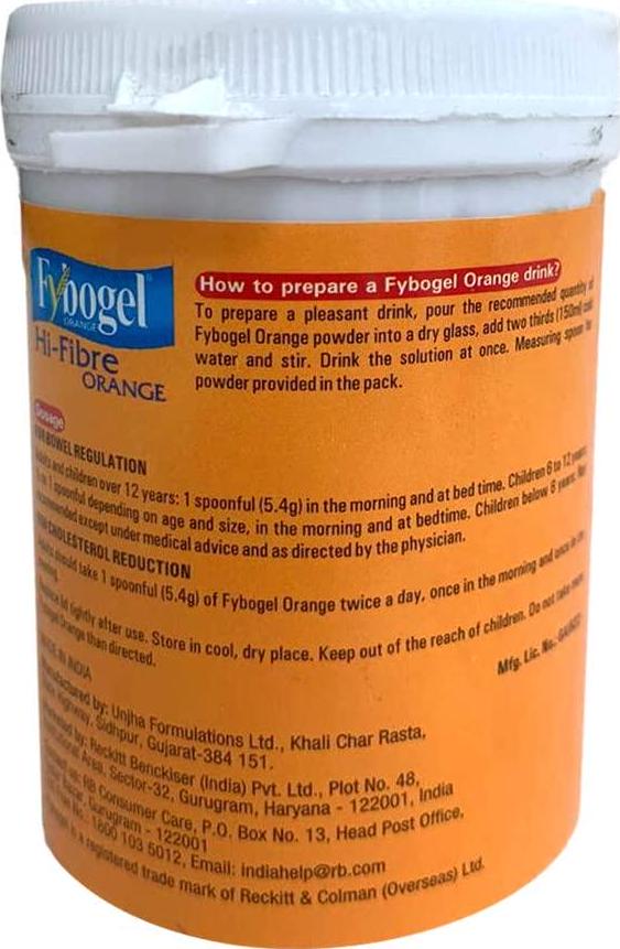 Fybogel Orange Hi-Fibre Orange Isabgol Husk 100 gm. Gently Releives Constiaption