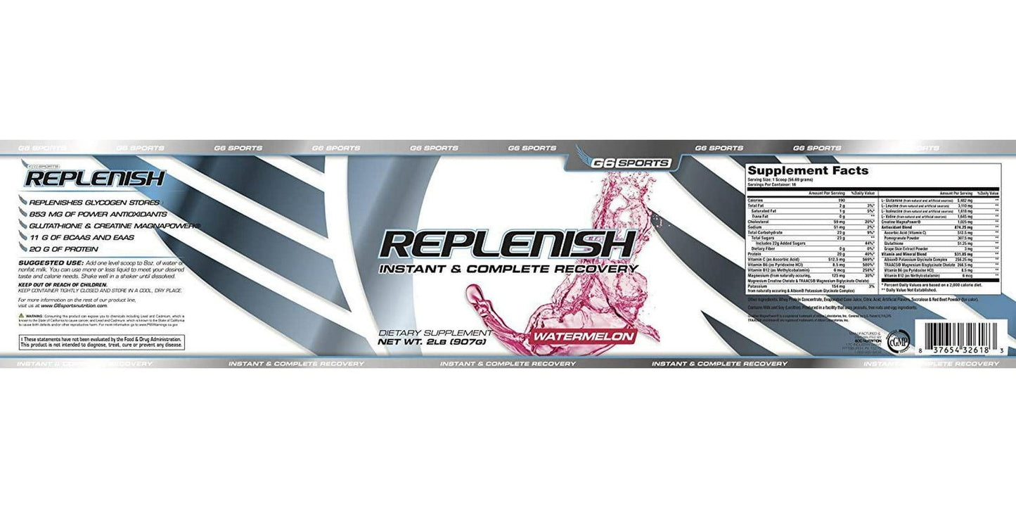 G6 Sports Nutrition Replenish Instant and Complete Recovery (Post Workout Formula, 11g of BCAAs and EAAs, 20g Whey Protein, 1000mg Creatine MagnaPower, Zero Refined Sugars) – 2lb Jar – Watermelon