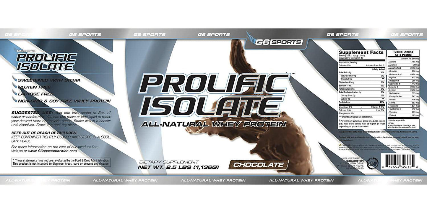 G6 Sports Nutrition Prolific Isolate All Natural Whey Protein Isolate (Gluten Free, Lactose Free, Stevia Sweetened, 25g Protein, 100 Calories) 2.5lb Jar Chocolate