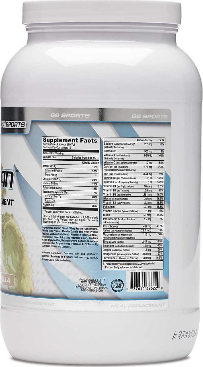 G6 Sports Nutrition Super-Lean Deluxe Meal Replacement (32g Protein, 7g Fiber, 25 Added Vitamins and Minerals) 2.5lb Jar Vanilla