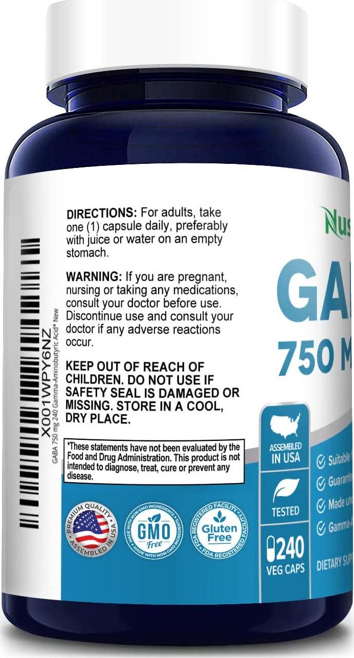 GABA 750 mg 240 Vegetarian caps (Non-GMO and Gluten-Free)