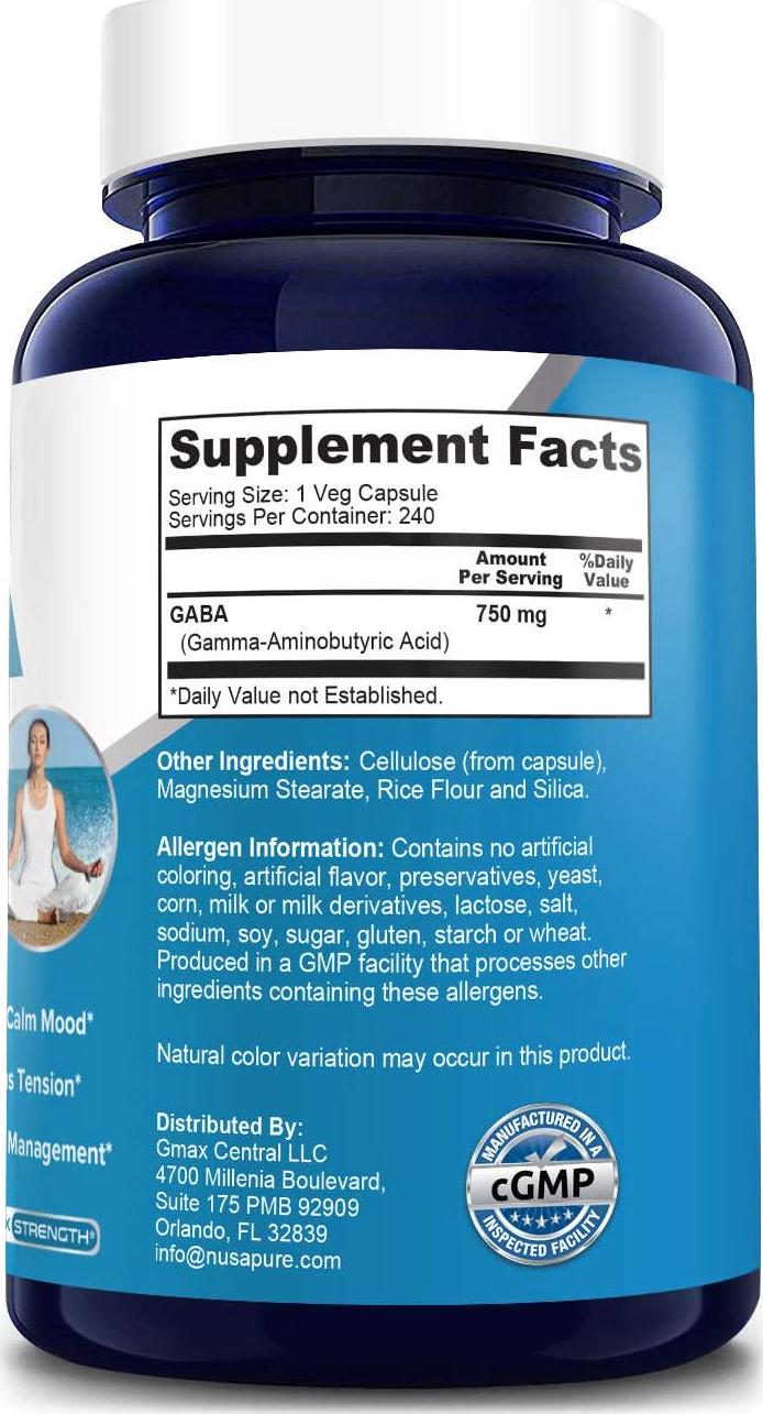 GABA 750 mg 240 Vegetarian caps (Non-GMO and Gluten Free) Gamma Aminobutyric Acid - Supports Positive Mood and Relaxation, Naturals Sleep Aid