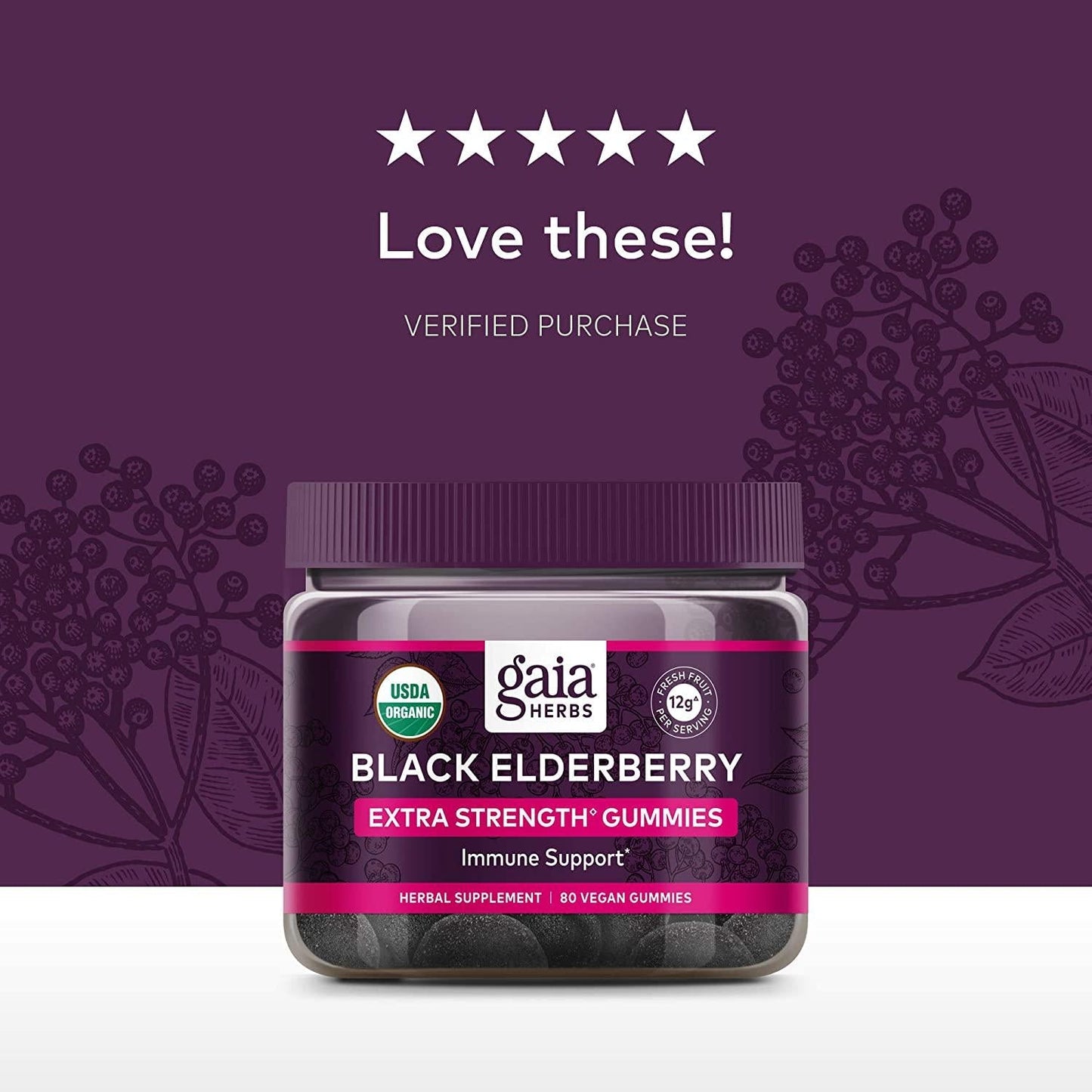 GAIA HERBS Organic Extra Strength Elderberry Gummies, 80 CT
