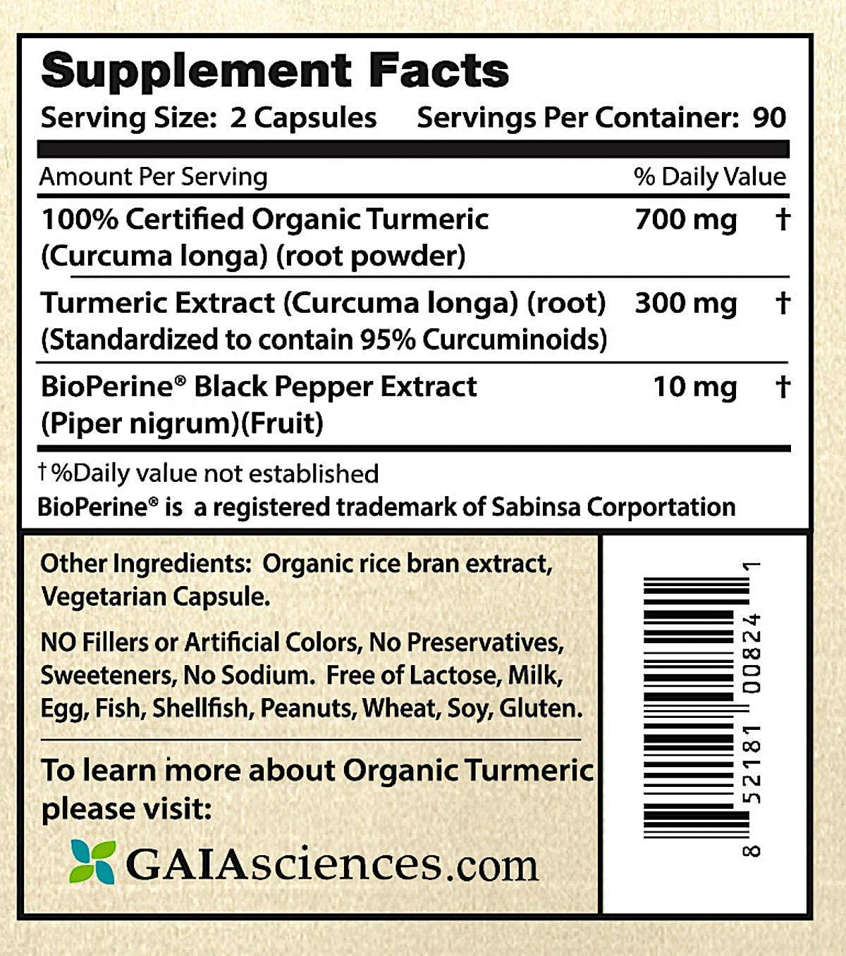 GAIA Sciences Turmeric Curcumin Bioperine 180ct 2100mg 95% Standardized Best Absorption Black Pepper Extract, Anti-Inflammatory, Joint Pain Relief, Immune System Liver Detox Booster, Organic Capsules