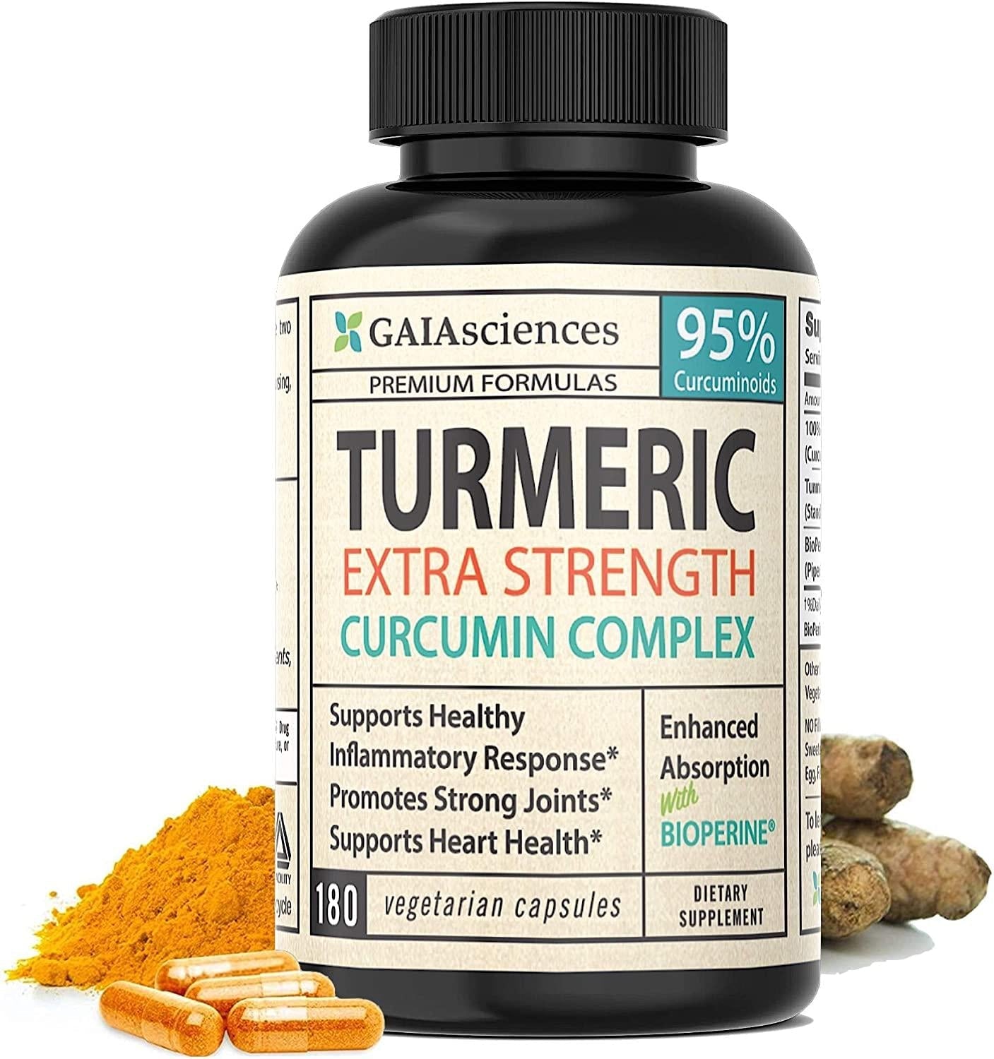 GAIA Sciences Turmeric Curcumin Bioperine 180ct 2100mg 95% Standardized Best Absorption Black Pepper Extract, Anti-Inflammatory, Joint Pain Relief, Immune System Liver Detox Booster, Organic Capsules