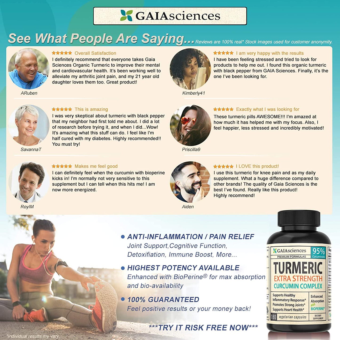 GAIA Sciences Turmeric Curcumin Bioperine 180ct 2100mg 95% Standardized Best Absorption Black Pepper Extract, Anti-Inflammatory, Joint Pain Relief, Immune System Liver Detox Booster, Organic Capsules