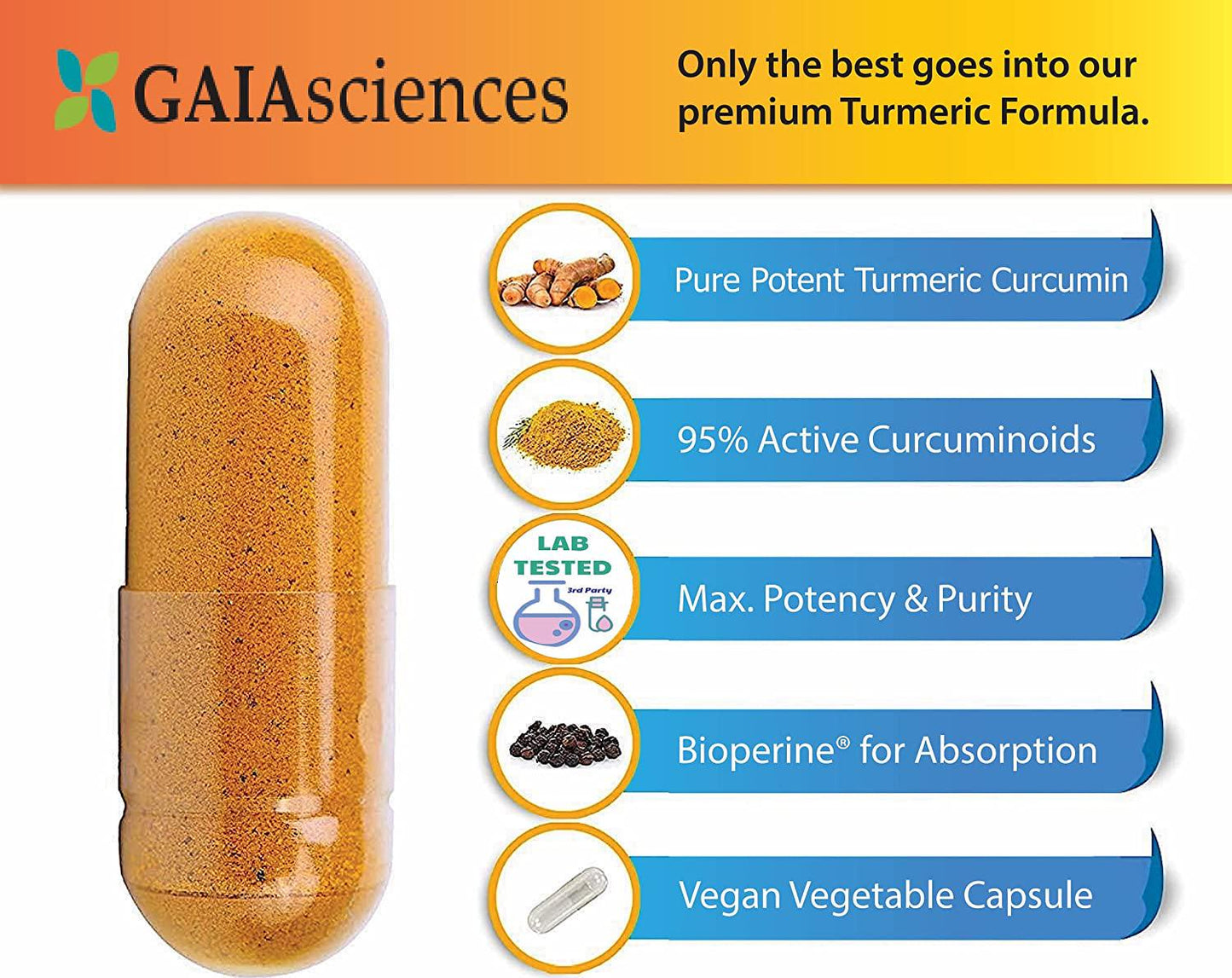 GAIA Sciences Turmeric Curcumin Bioperine 180ct 2100mg 95% Standardized Best Absorption Black Pepper Extract, Anti-Inflammatory, Joint Pain Relief, Immune System Liver Detox Booster, Organic Capsules