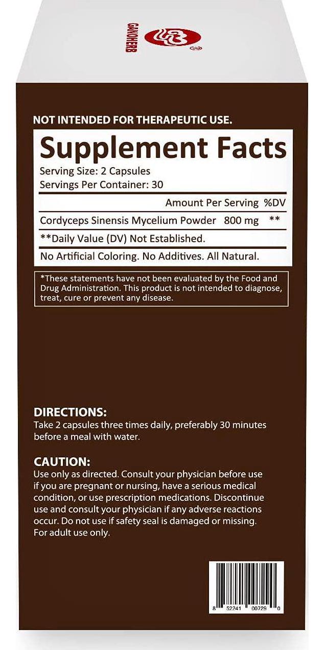 GANOHERB Cordyceps CS-4 800mg 60 Vegetarian Capsules (Non-GMO and Gluten Free) Cordyceps Sinensis Immunity Supplement, Energy and Immune Health Support.