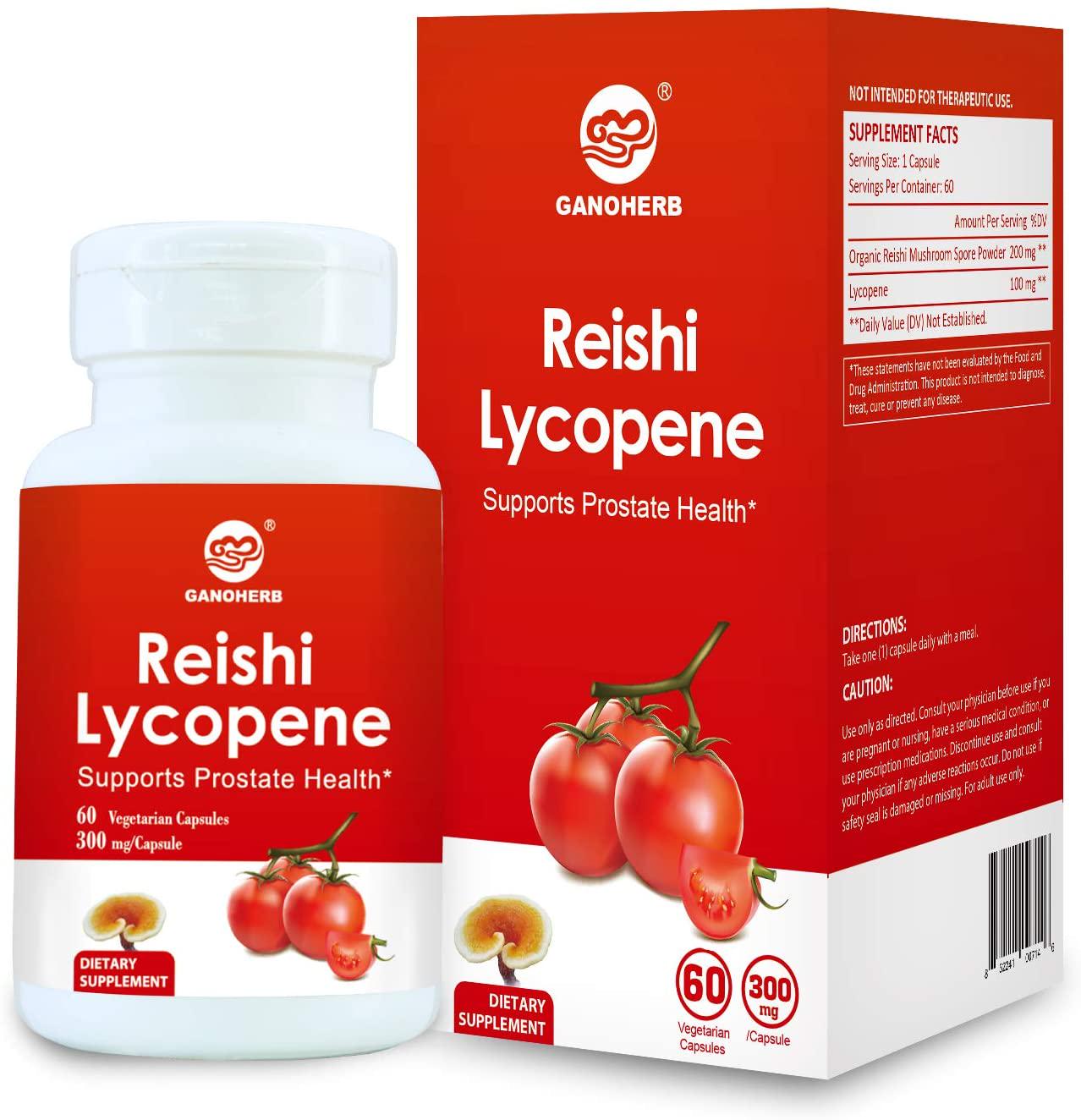 GANOHERB Reishi Lycopene 300Mg 60 Vegan Capsules (Non-GMO and Gluten Free) Natural Tomato with Organic Reishi Mushroom Spore Great for Health.