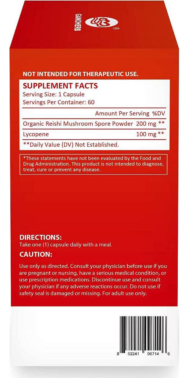 GANOHERB Reishi Lycopene 300Mg 60 Vegan Capsules (Non-GMO and Gluten Free) Natural Tomato with Organic Reishi Mushroom Spore Great for Health.
