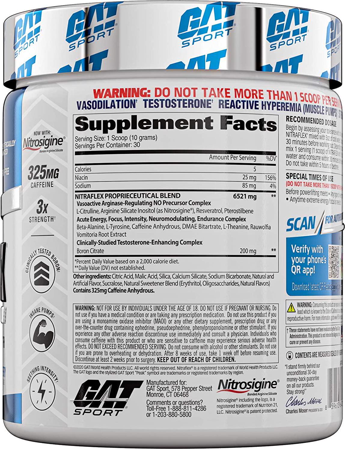 GAT Clinically Tested Nitraflex, Testosterone Enhancing Pre Workout, Blue Raspberry,300 Gram