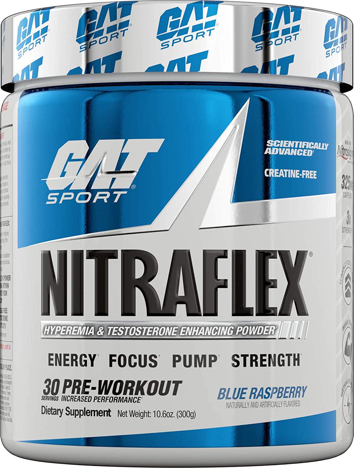 GAT Clinically Tested Nitraflex, Testosterone Enhancing Pre Workout, Blue Raspberry,300 Gram