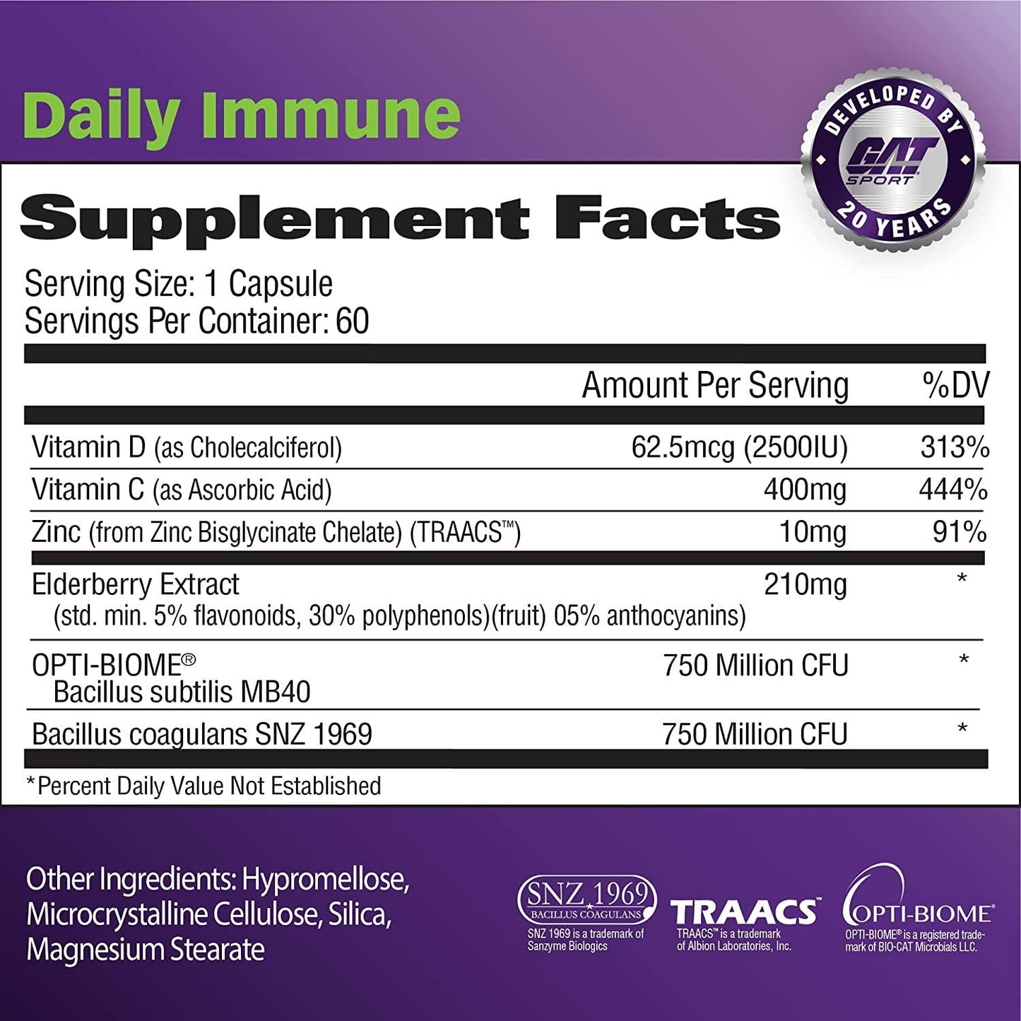 GAT Sport Daily Immune - Natural Healthy Immune Support with Elderberry, Zinc and Probiotics, 60 Capsules