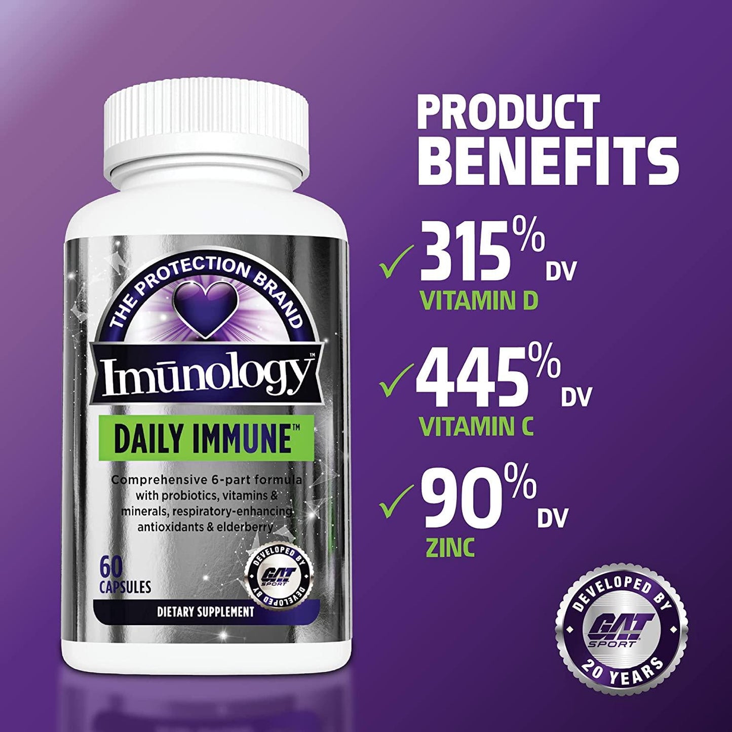 GAT Sport Daily Immune - Natural Healthy Immune Support with Elderberry, Zinc and Probiotics, 60 Capsules