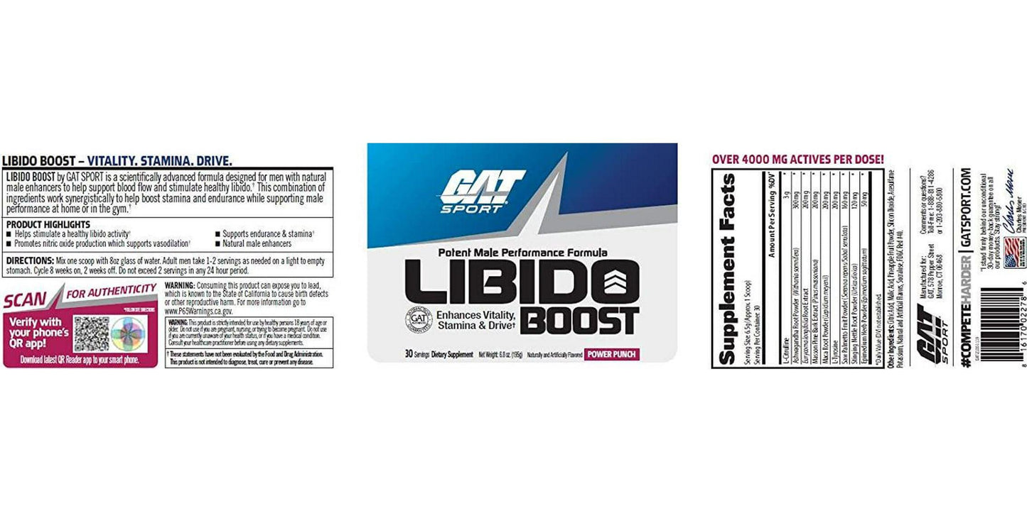 GAT Sport Libido Boost Powder, Male Performance Formula for Enhanced Vitality, Power Punch,6.8 oz