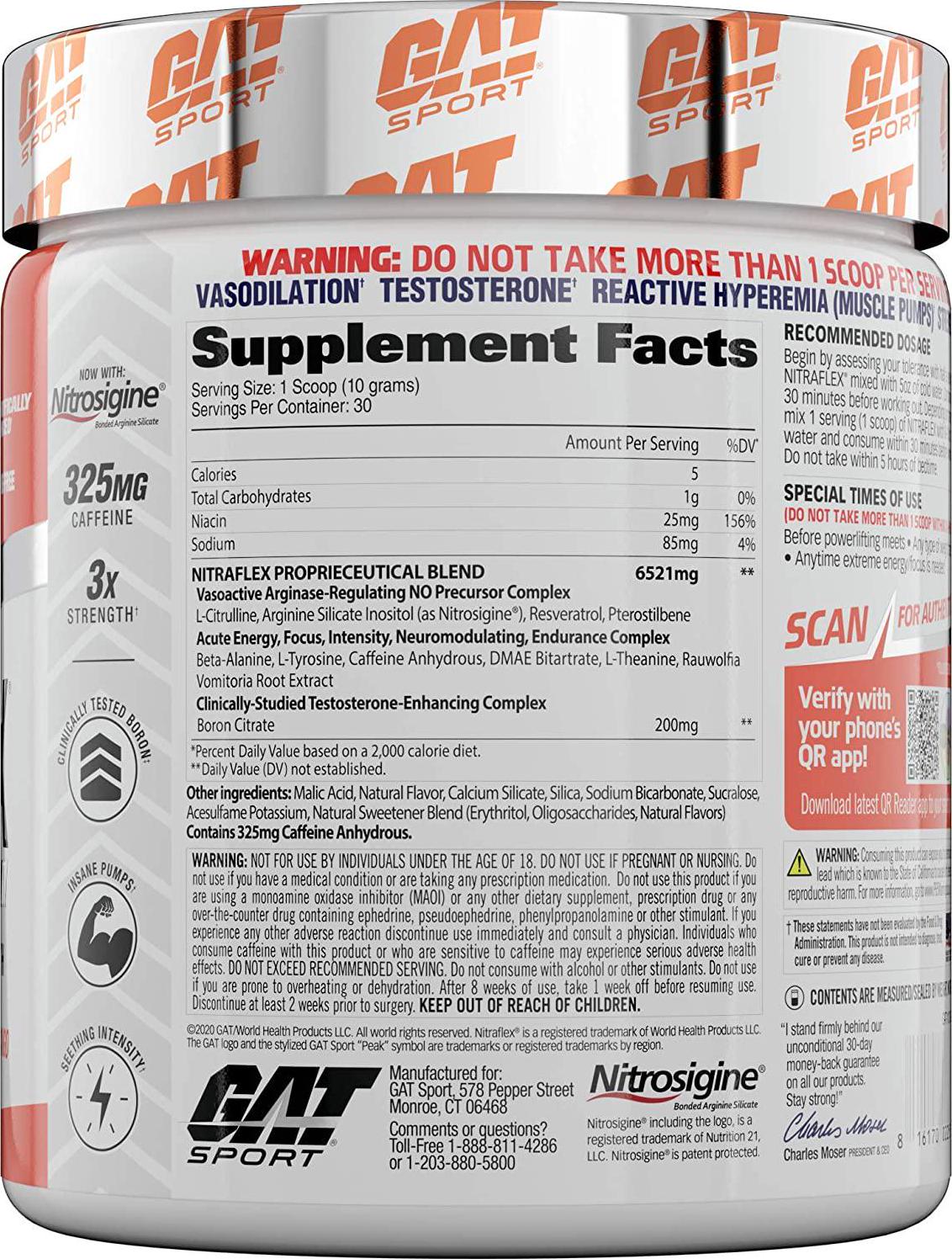 GAT Sport, NITRAFLEX Testosterone Boosting Powder, Increases Blood Flow, Boosts Strength and Energy, Improves Exercise Performance, Creatine-Free (30 Servings) (Strawberry Mango)