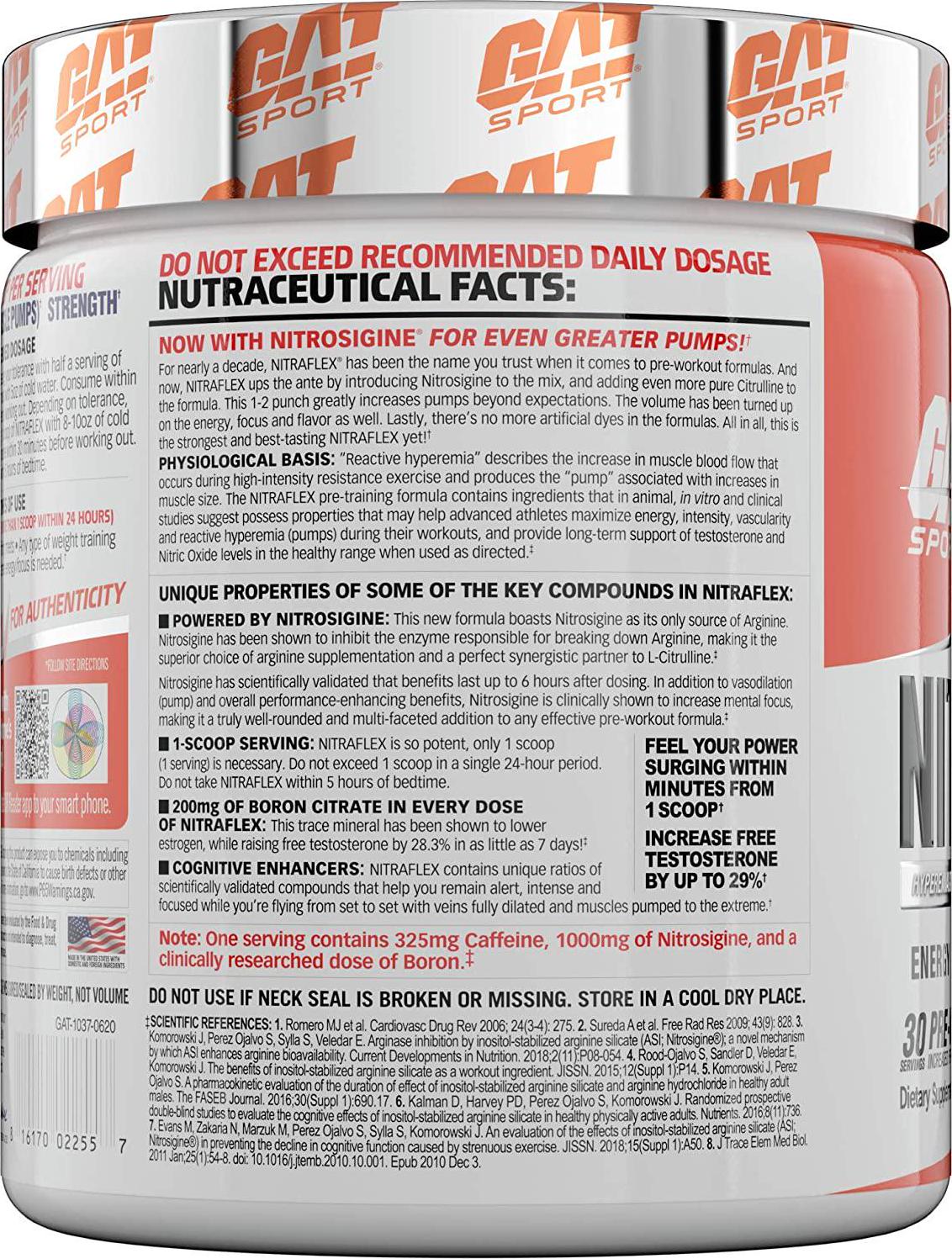 GAT Sport, NITRAFLEX Testosterone Boosting Powder, Increases Blood Flow, Boosts Strength and Energy, Improves Exercise Performance, Creatine-Free (30 Servings) (Strawberry Mango)