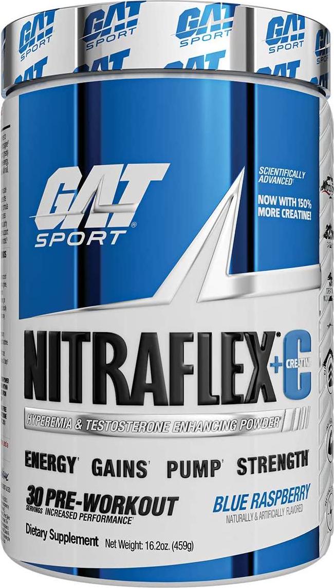 GAT Sport Nitraflex + C Creatine Pre Workout Supplement for Strength and Endurance, Blue Raspberry, 30 Servings