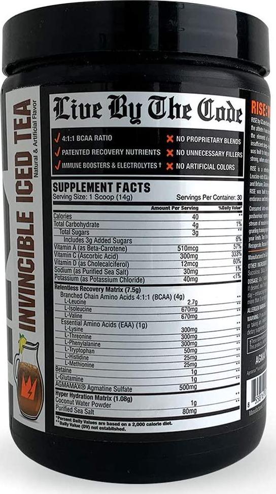 GCode Rise Relentless Aminos (Invincible Iced Tea) Recovery Elixir for Muscle Recovery, Electrolytes and Hydration- 30 Servings