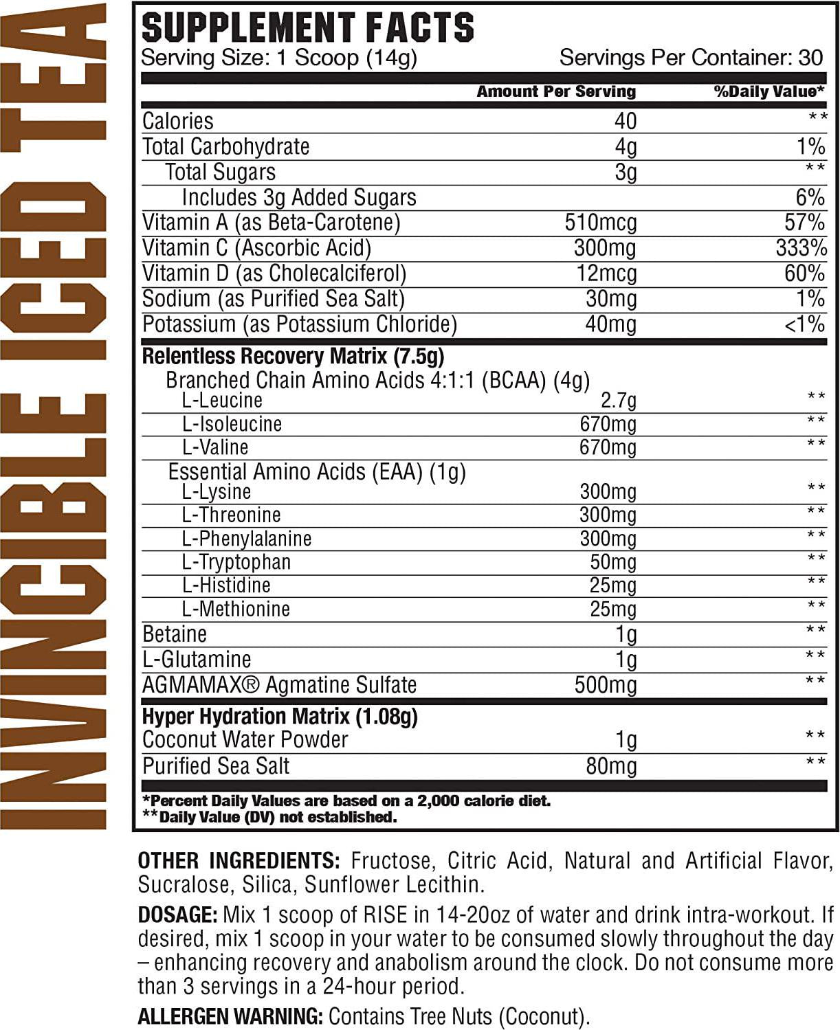 GCode Rise Relentless Aminos (Invincible Iced Tea) Recovery Elixir for Muscle Recovery, Electrolytes and Hydration- 30 Servings