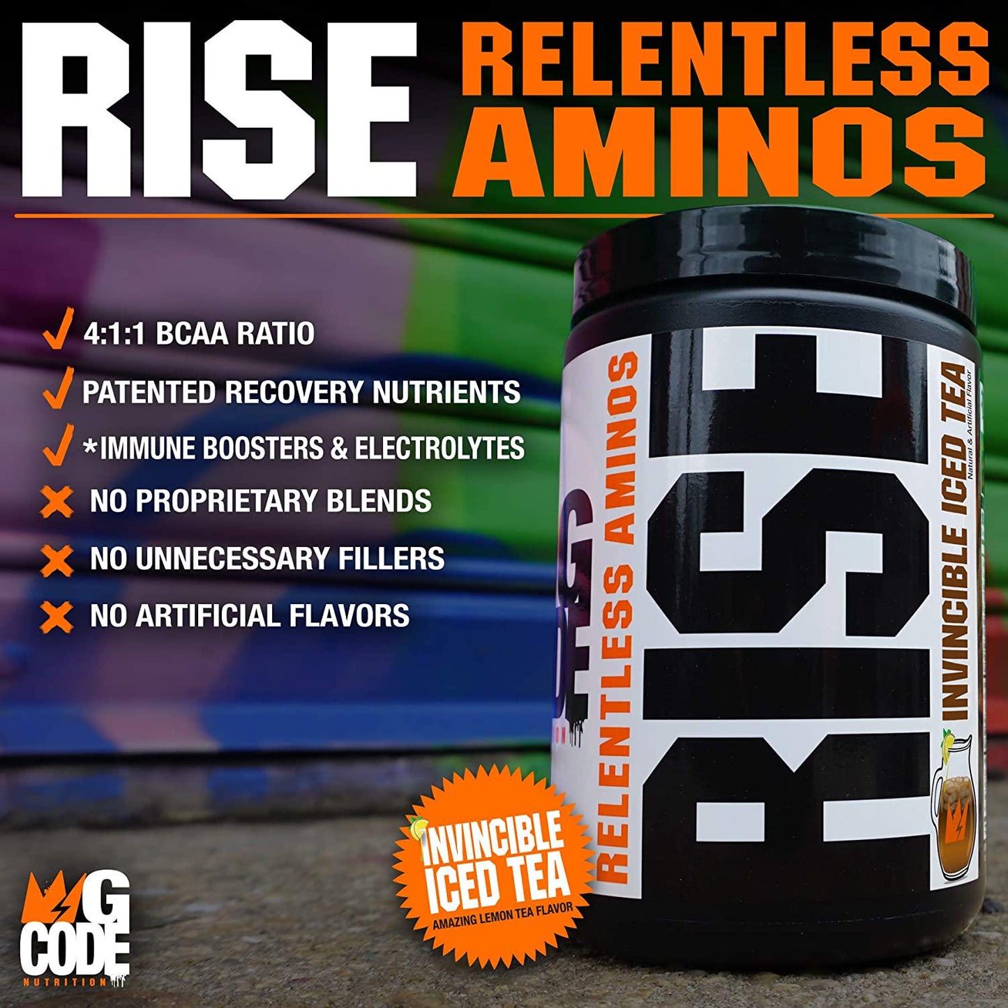 GCode Rise Relentless Aminos (Invincible Iced Tea) Recovery Elixir for Muscle Recovery, Electrolytes and Hydration- 30 Servings