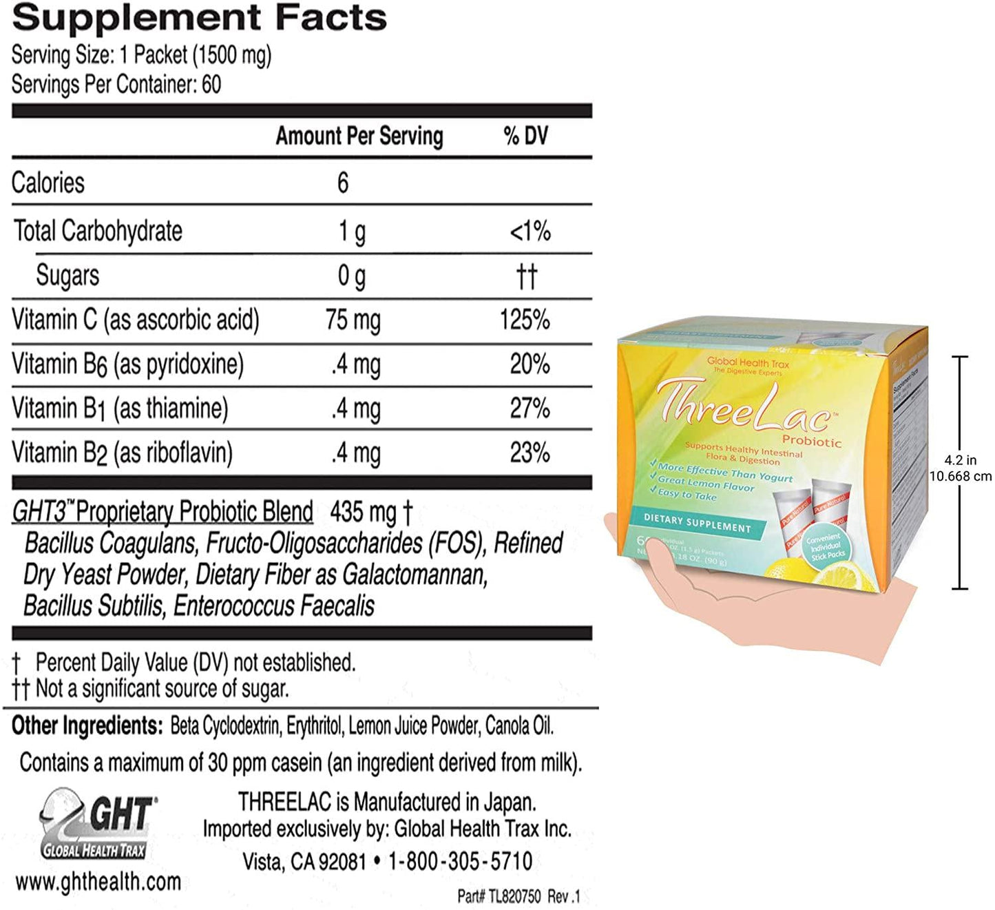 GHT ThreeLac Probiotics Candida Lemon Flavor Supplement (3.18 oz) 2 Box