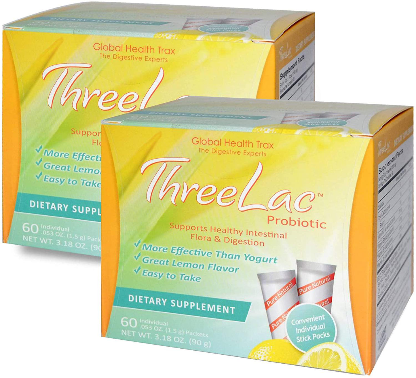 GHT ThreeLac Probiotics Candida Lemon Flavor Supplement (3.18 oz) 2 Box
