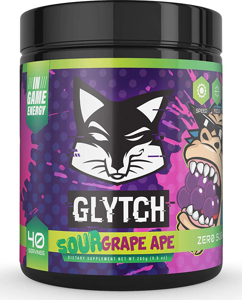 GLYTCH Gaming Energy Supplement Powder | Gamer and Esports Drink Mix for Increased Focus, Stamina, Memory, and Processing Speed | Sugar Free with Vitamins (Sour Grape Ape Flavor - 40 Servings)
