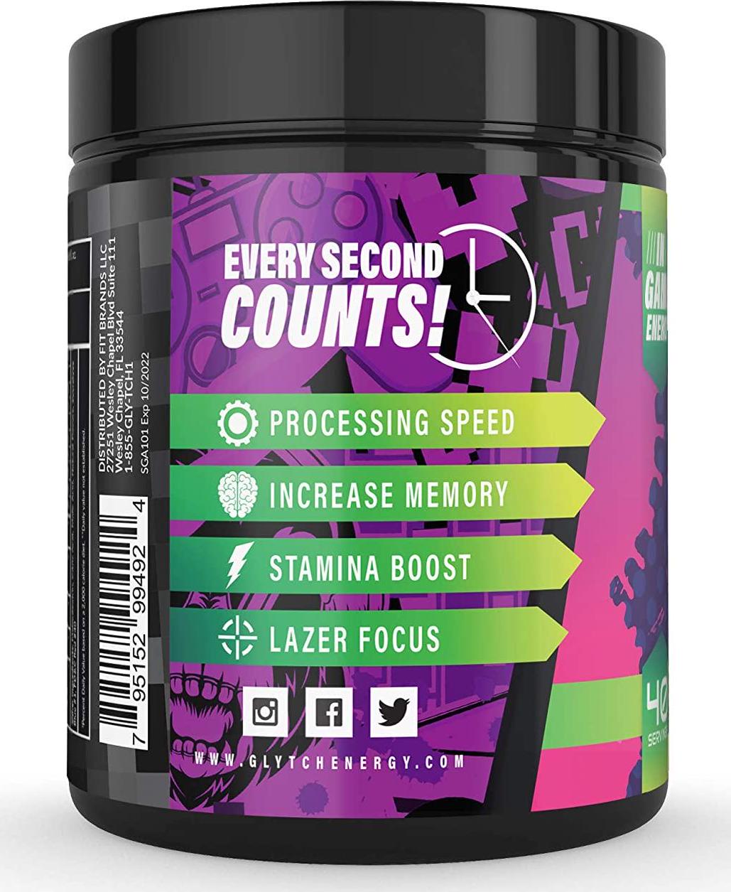 GLYTCH Gaming Energy Supplement Powder | Gamer and Esports Drink Mix for Increased Focus, Stamina, Memory, and Processing Speed | Sugar Free with Vitamins (Sour Grape Ape Flavor - 40 Servings)