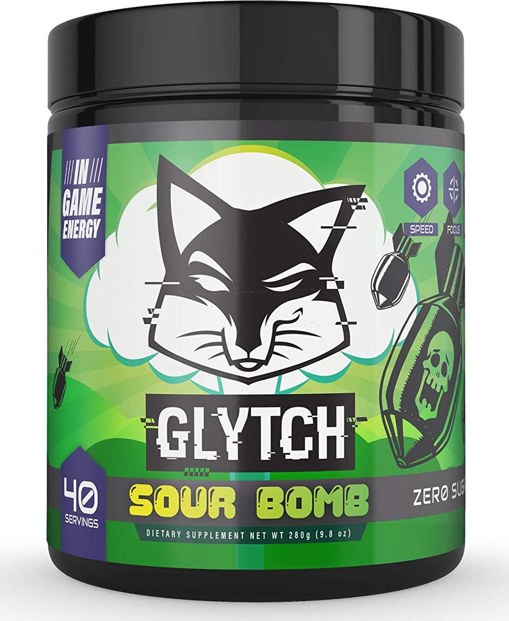 GLYTCH Gaming Energy Supplement Powder | Gamer and Esports Drink Mix for Increased Focus, Stamina, Memory, and Processing Speed | Sugar Free with Vitamins (Sour Bomb Flavor - 40 Servings)