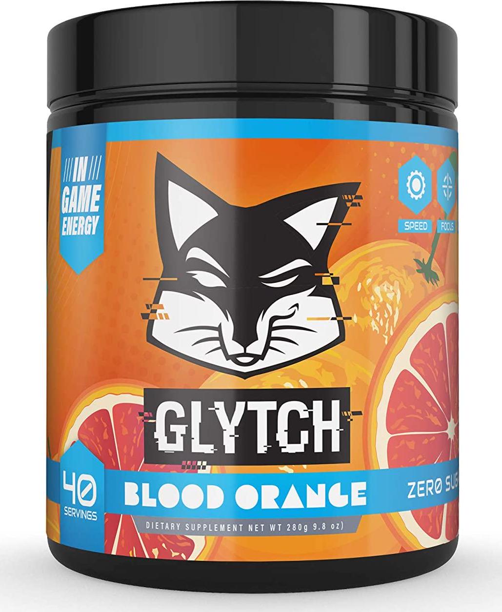 GLYTCH Gaming Energy Supplement Powder | Gamer and Esports Drink Mix for Increased Focus, Stamina, Memory, and Processing Speed | Sugar Free with Vitamins (Blood Orange Flavor - 40 Servings)