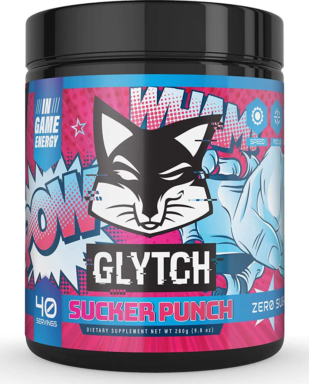 GLYTCH Gaming Energy Supplement Powder | Gamer and Esports Drink Mix for Increased Focus, Stamina, Memory, and Processing Speed | Sugar Free with Vitamins (Sucker Punch Flavor - 40 Servings)
