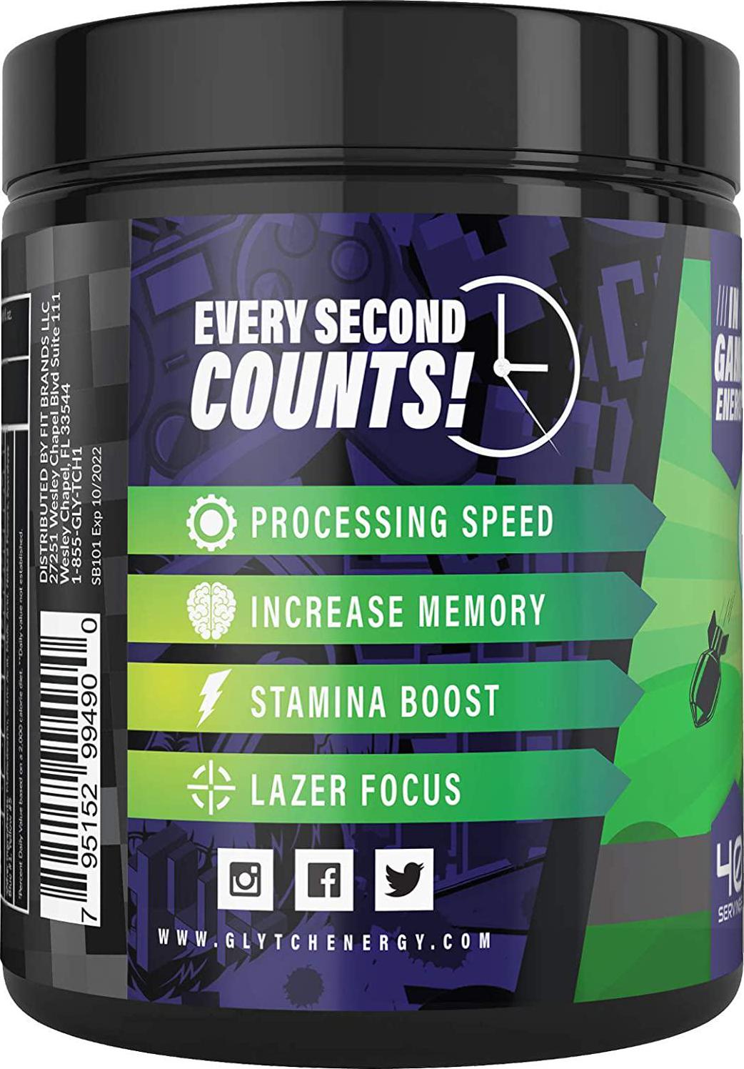 GLYTCH Gaming Energy Supplement Powder | Gamer and Esports Drink Mix for Increased Focus, Stamina, Memory, and Processing Speed | Sugar Free with Vitamins (Sour Bomb Flavor - 40 Servings)
