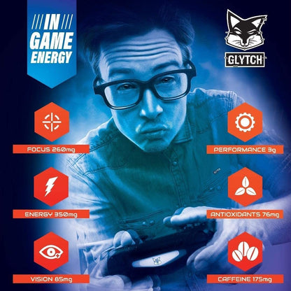 GLYTCH Gaming Energy Supplement Powder | Gamer and Esports Drink Mix for Increased Focus, Stamina, Memory, and Processing Speed | Sugar Free with Vitamins (Blood Orange Flavor - 40 Servings)