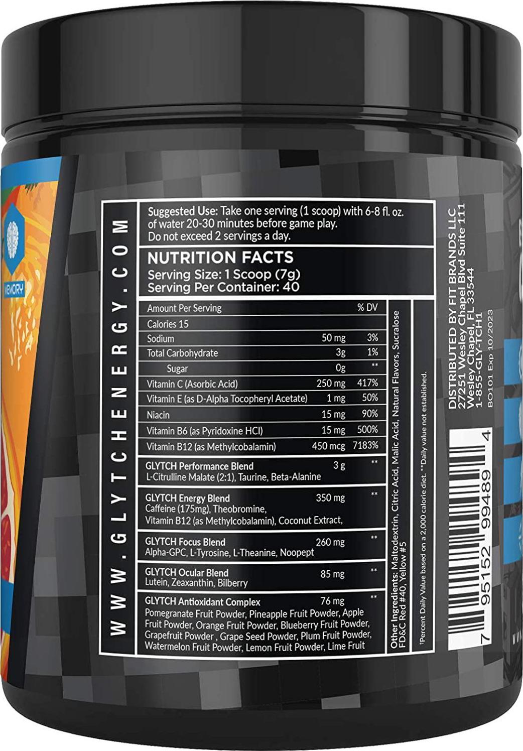 GLYTCH Gaming Energy Supplement Powder | Gamer and Esports Drink Mix for Increased Focus, Stamina, Memory, and Processing Speed | Sugar Free with Vitamins (Blood Orange Flavor - 40 Servings)