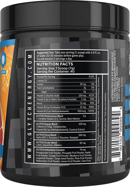 GLYTCH Gaming Energy Supplement Powder | Gamer and Esports Drink Mix for Increased Focus, Stamina, Memory, and Processing Speed | Sugar Free with Vitamins (Blood Orange Flavor - 40 Servings)