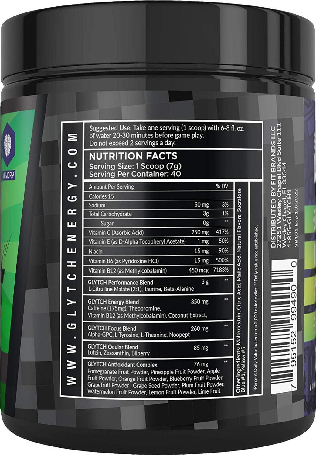 GLYTCH Gaming Energy Supplement Powder | Gamer and Esports Drink Mix for Increased Focus, Stamina, Memory, and Processing Speed | Sugar Free with Vitamins (Sour Bomb Flavor - 40 Servings)