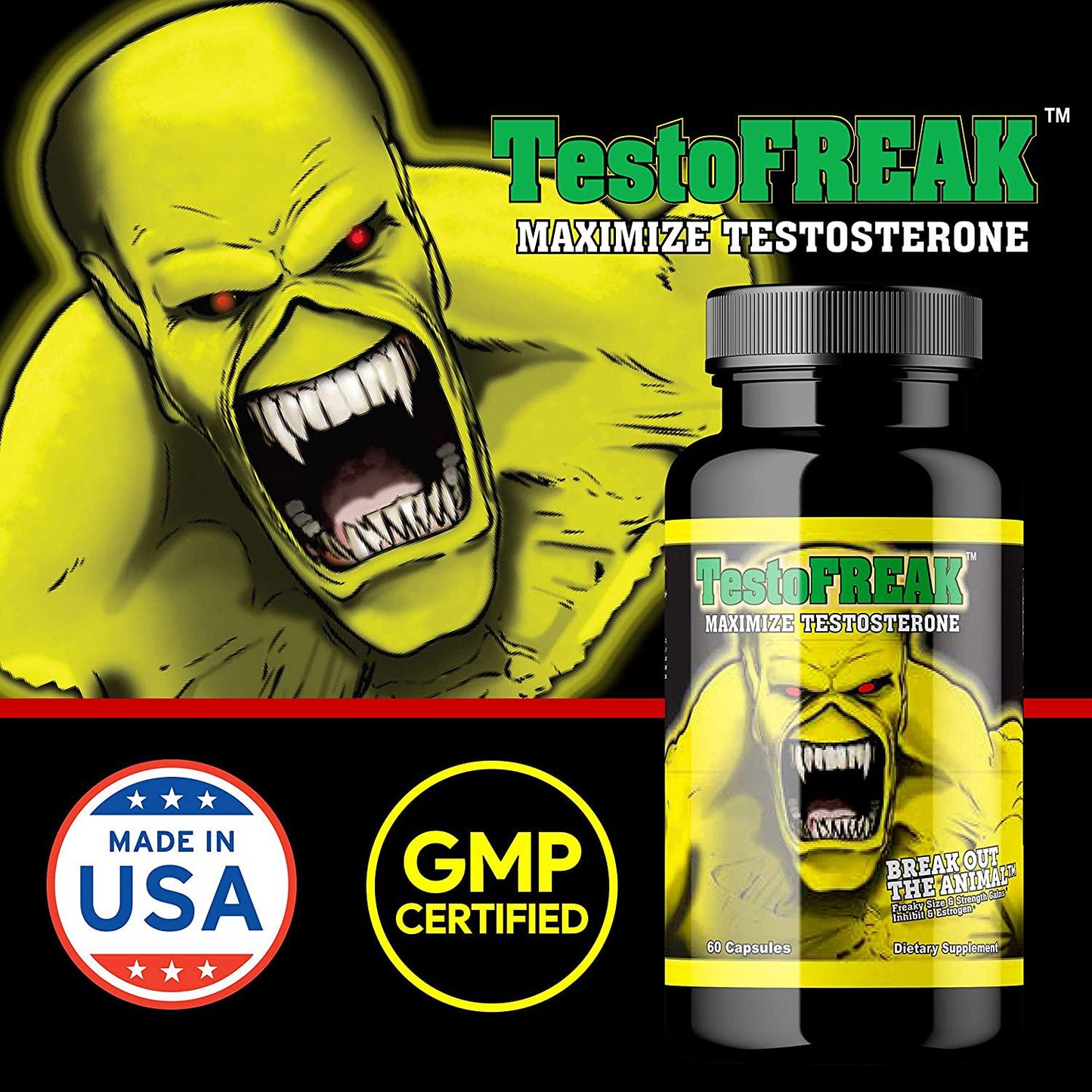 GL TestoFREAK - 100% Natural Testosterone Booster for Size and Strength Gains - Inhibits DHT and Estrogen - Supports Muscle Growth and Recovery - Stimulant Free Made in The U.S.A. Supplement