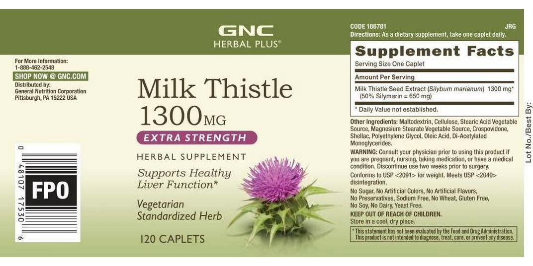 GNC Herbal Plus Milk Thistle 1300mg, 120 Caplets, Supports Healthy Liver Function