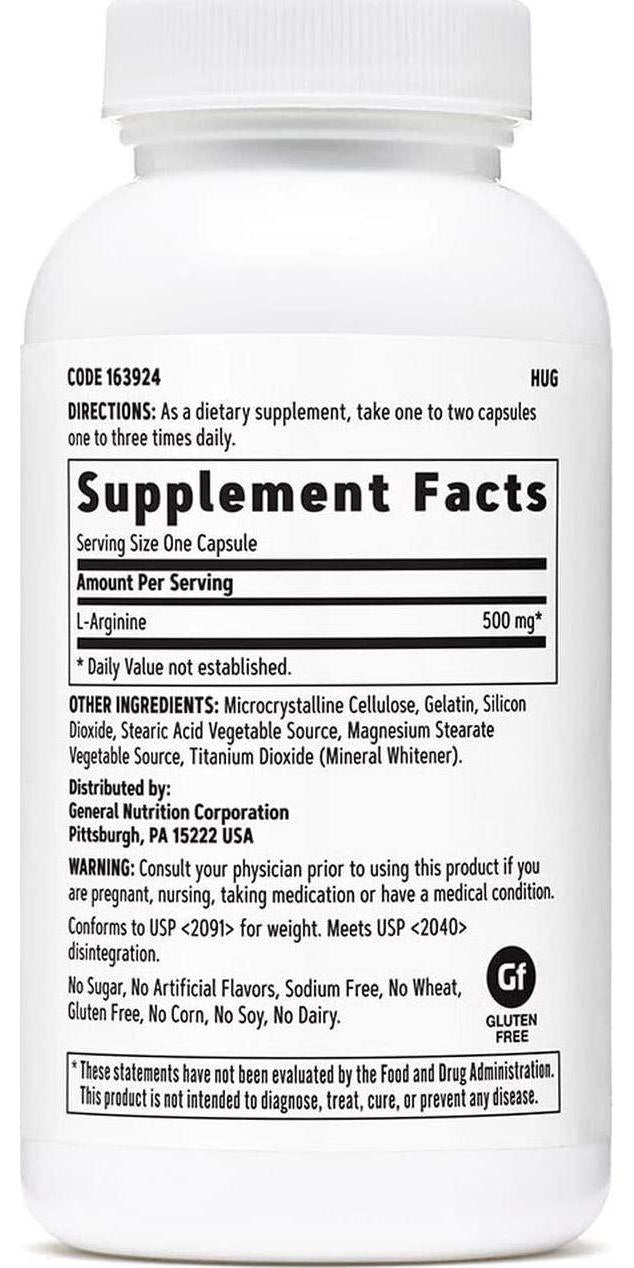 GNC L-Arginine 500mg, 90 Capsules, Increases Nitric Oxide Productioin