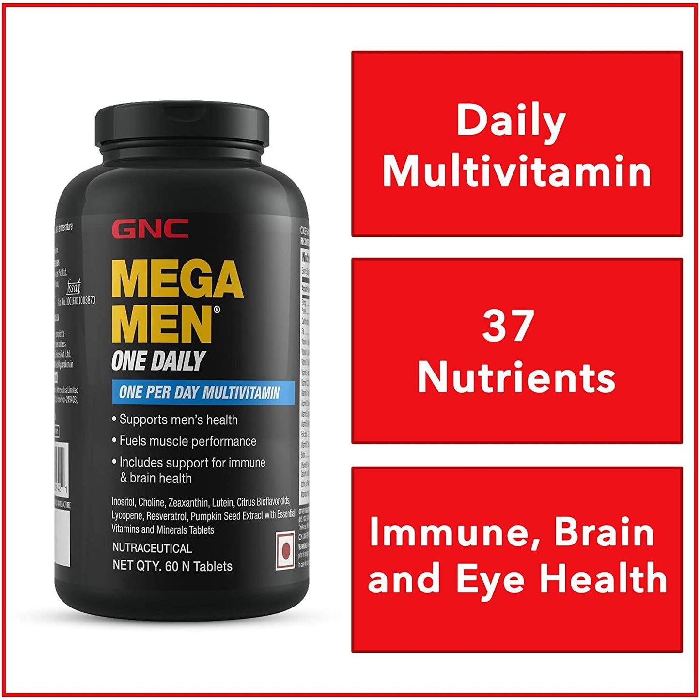GNC Mega Men One Daily Multivitamin for Men, 60 Count, Take One A Day for 19 Vitamins and Minerals, Supports Muscle Performance, Energy, Metabolism, Brain, and Immune System