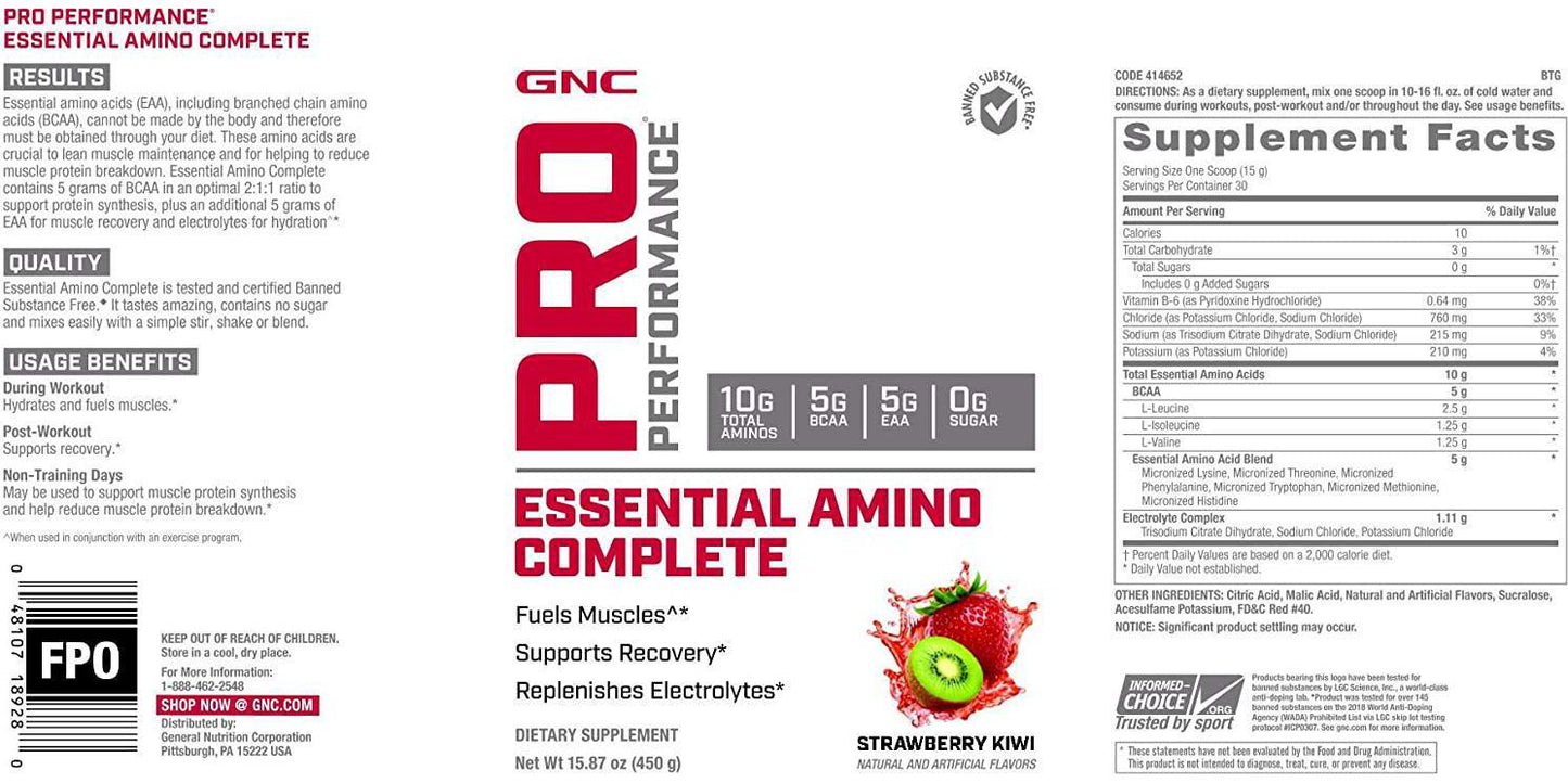 GNC Pro Performance Essential Amino Complete, Strawberry Kiwi, 15.87 oz, Supports Muscle Recovery
