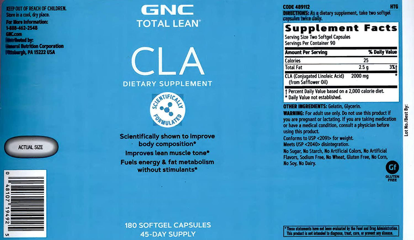 GNC Total Lean CLA | Improve Body Composition and Lean Muscle Tone, Fuels Fat Metabolism and Energy Without Stimulants | Gluten Free | 180 Softgels