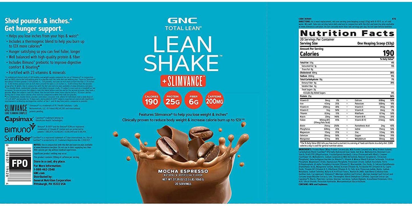 GNC Total Lean | Lean Shake + Slimvance | Weight Loss Protein Powder with 200mg of Caffeine | Mocha Espresso | 20 Servings