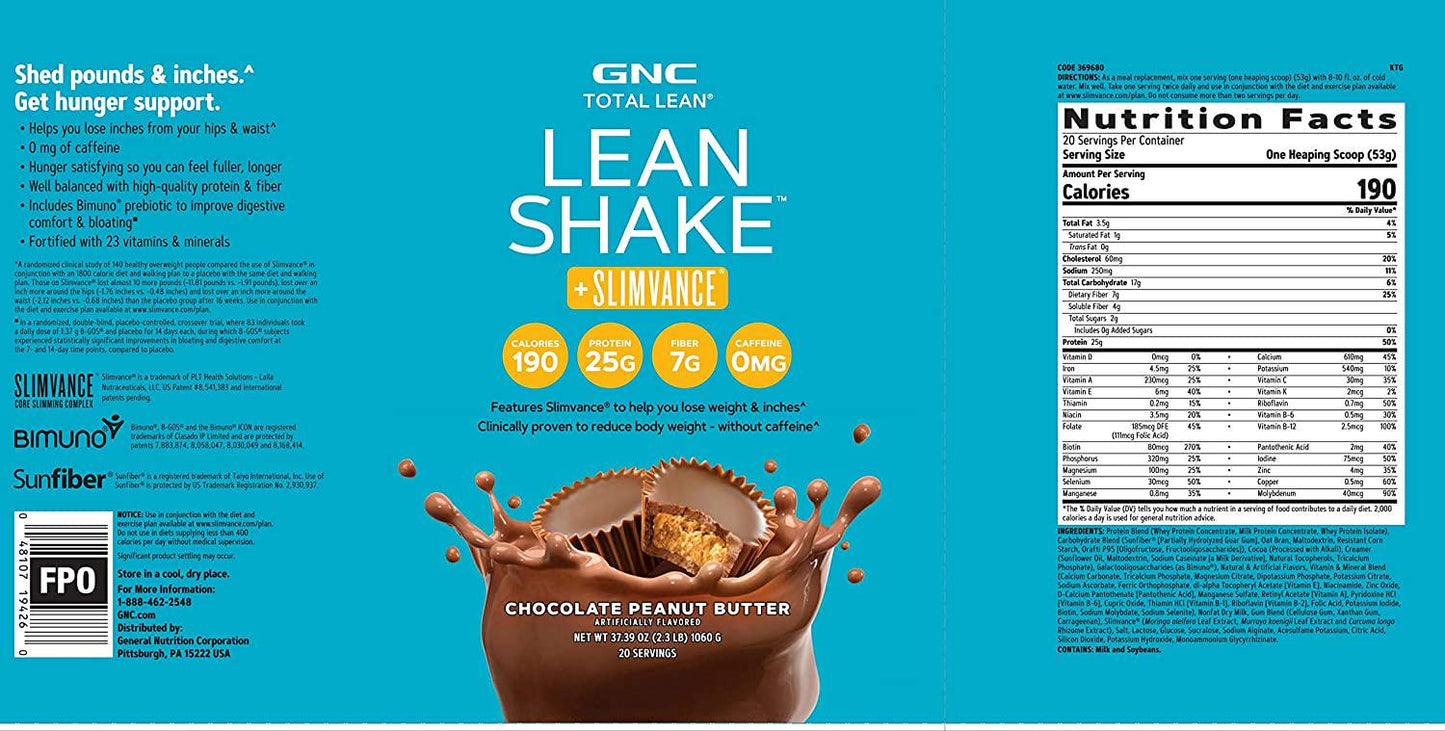 GNC Total Lean Shake + Slimvance | Caffeine Free Protein Powder, Helps Reduce Body Weight | Chocolate Peanut Butter | 20 Servings