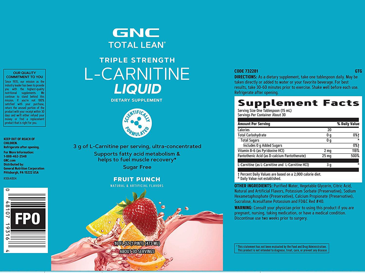 GNC Total Lean Triple Strength L-Carnitine Liquid | Supports Fatty Acid Metabolism and Helps to Fuel Muscle Recovery, Sugar Free | Fruit Punch | 16 fl.oz
