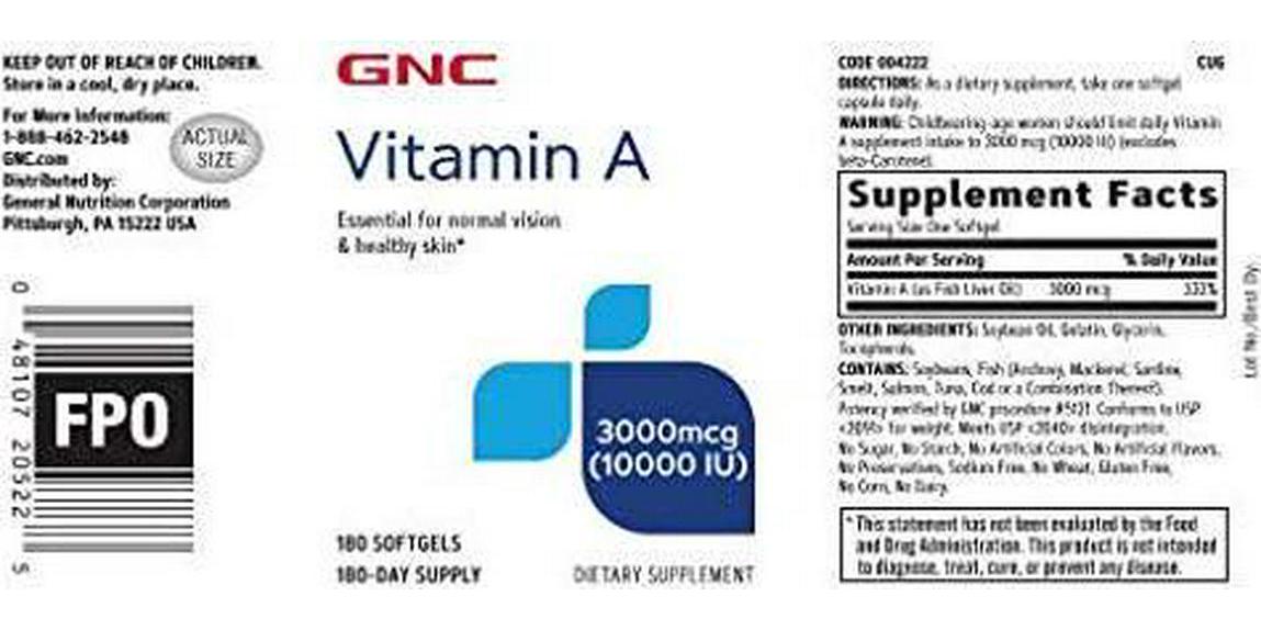 GNC Vitamin A 3000mcg (10000IU), 180 Softgels, Promotes Normal Vision and Healthy Skin