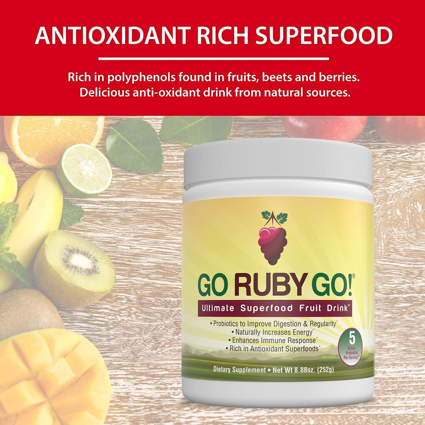 GO Ruby GO! - Nutritional Red Superfood Powder Juice, Loaded with 42 Plant-Based Antioxidants and Fruit Extracts, Effective Probiotics, Fortifying and Healthy Superior Energy, Better Immunity and Digestion