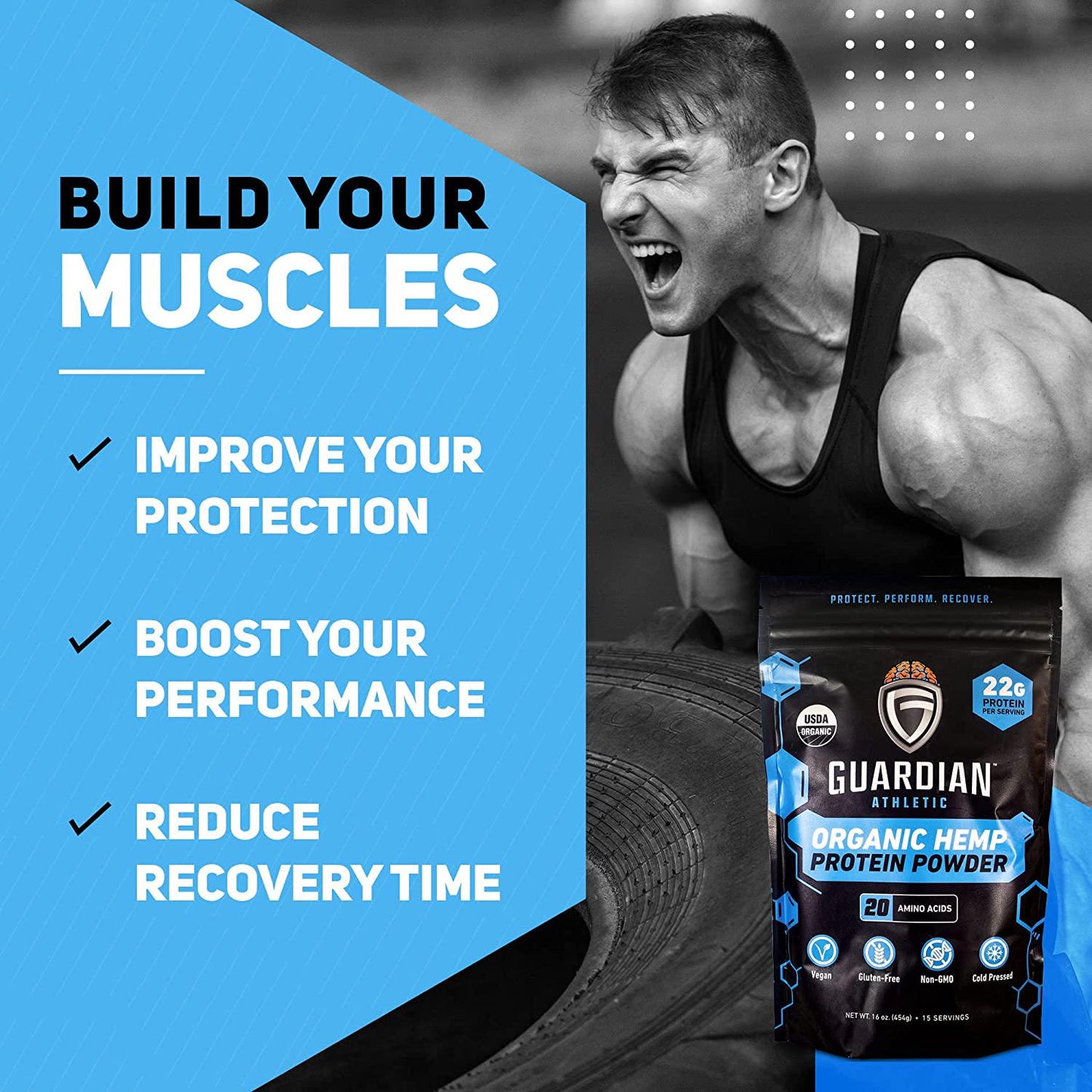 GUARDIAN ATHLETIC - Organic Hemp Protein Powder | Plant-Based, Vegan, Gluten-Free, Non-GMO, and Cold Pressed | 15 Servings | Net Wt. 1 lb. (16 oz)